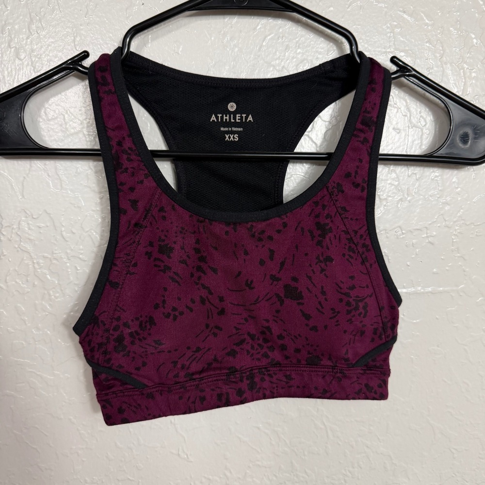 Athleta Womens XXS Purple Black Abstract Animal Print Racerback Sports Bra